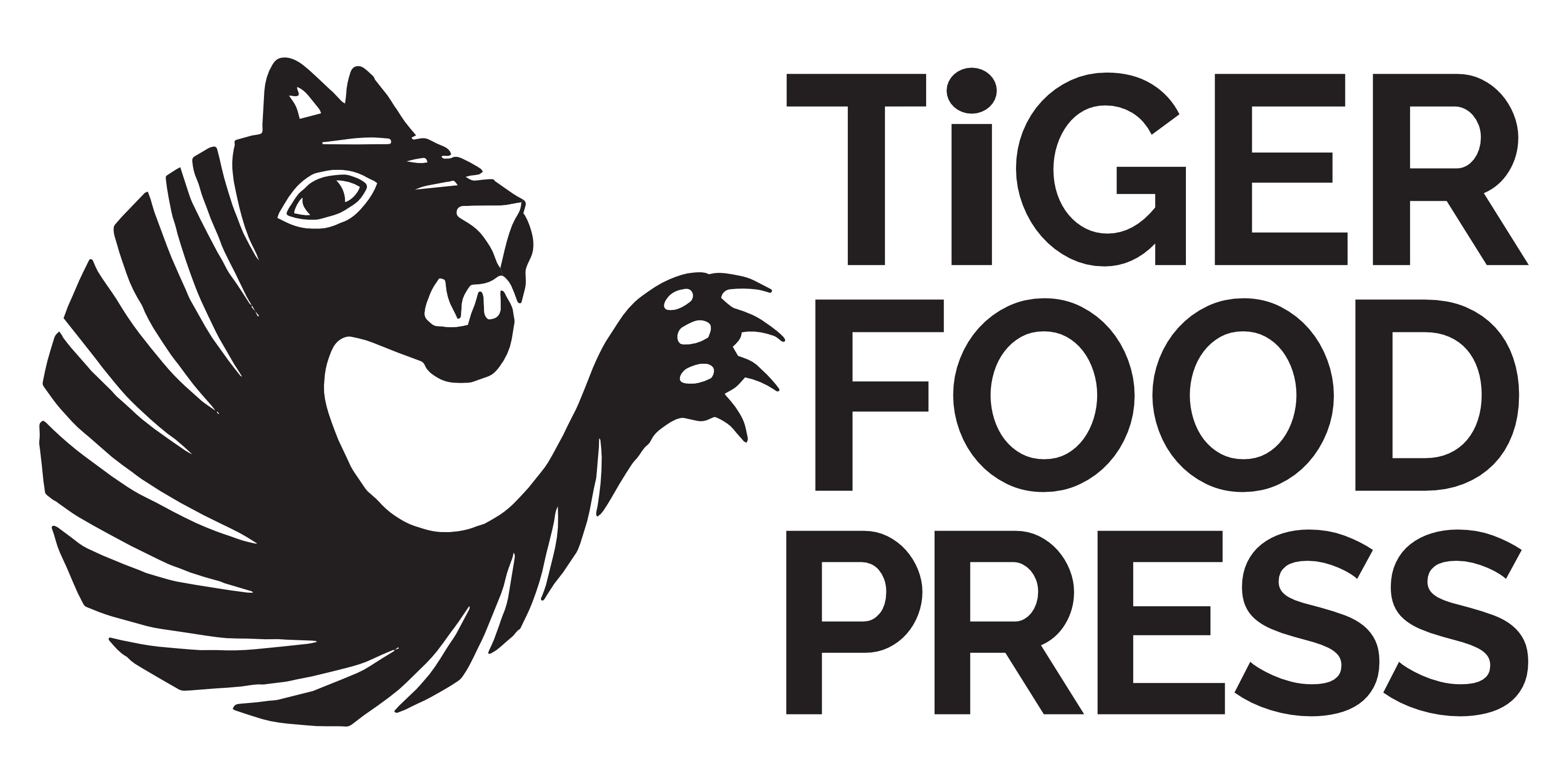 A stylized illustration of a black and white tiger with black text that reads Tiger Food Press